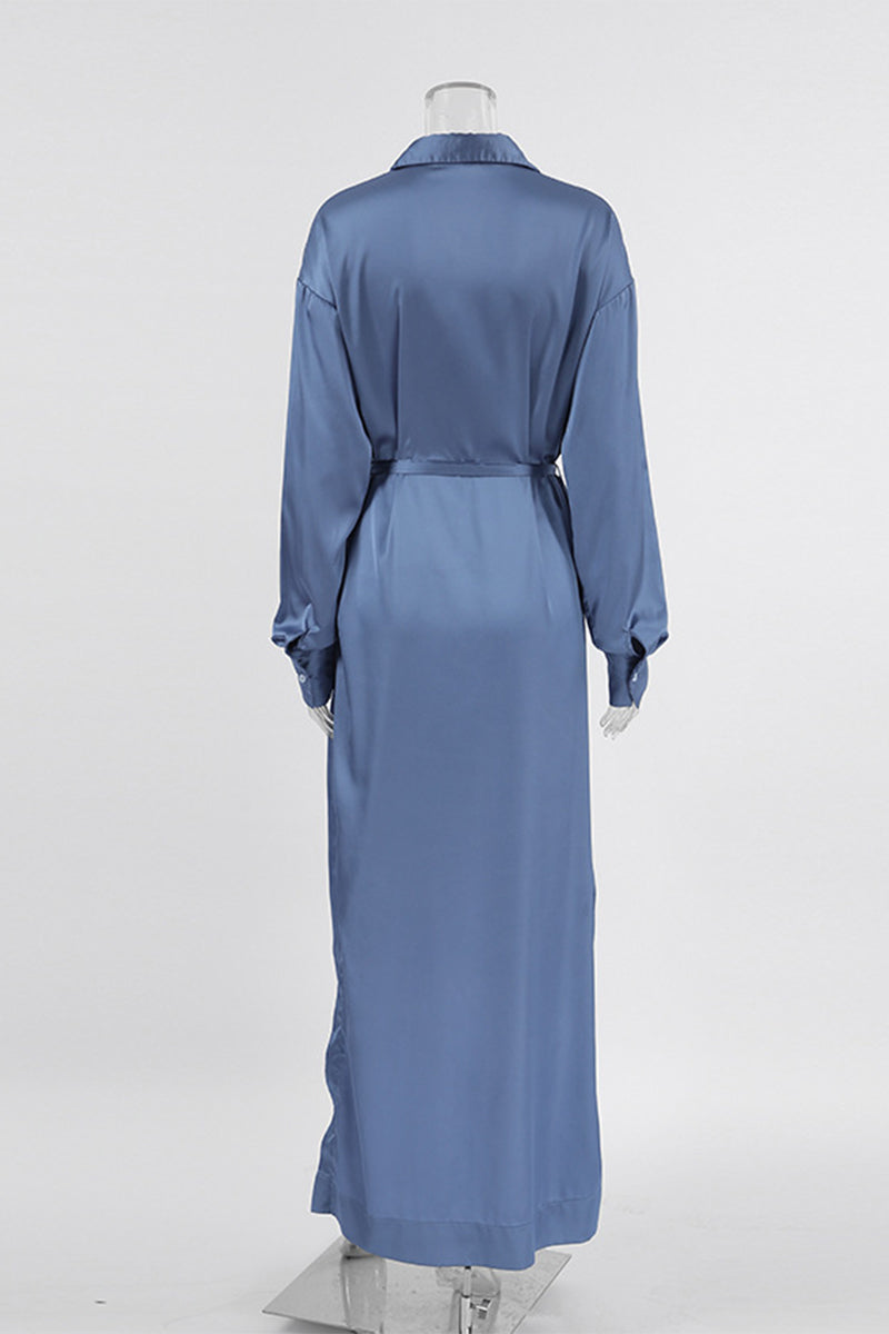 Elegant Lace Up Buckle Adjustable Turndown Collar Shirt Dresses - Fashionpara