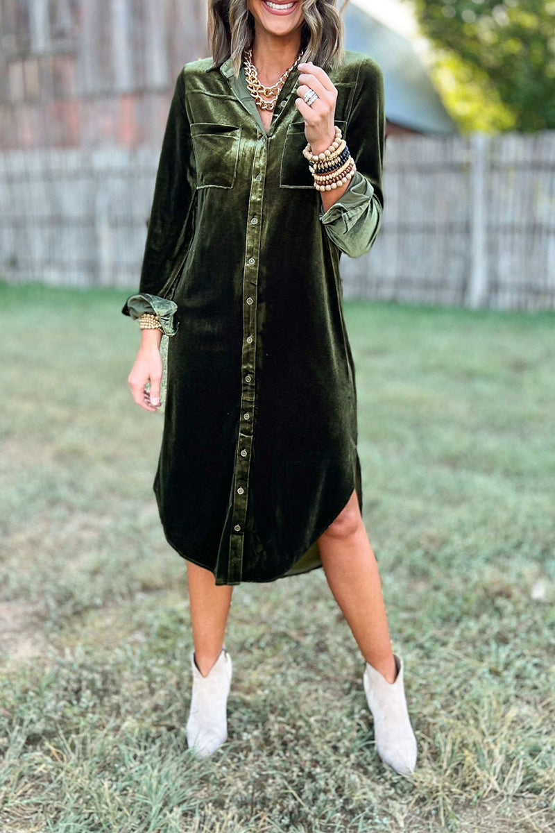 Casual Pocket Buckle Turndown Collar Shirt Dresses(3 Colors) - Fashionpara