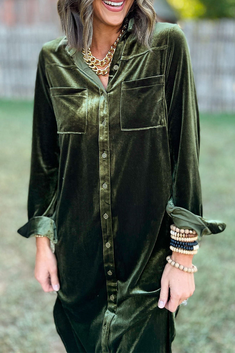 Casual Pocket Buckle Turndown Collar Shirt Dresses(3 Colors) - Fashionpara