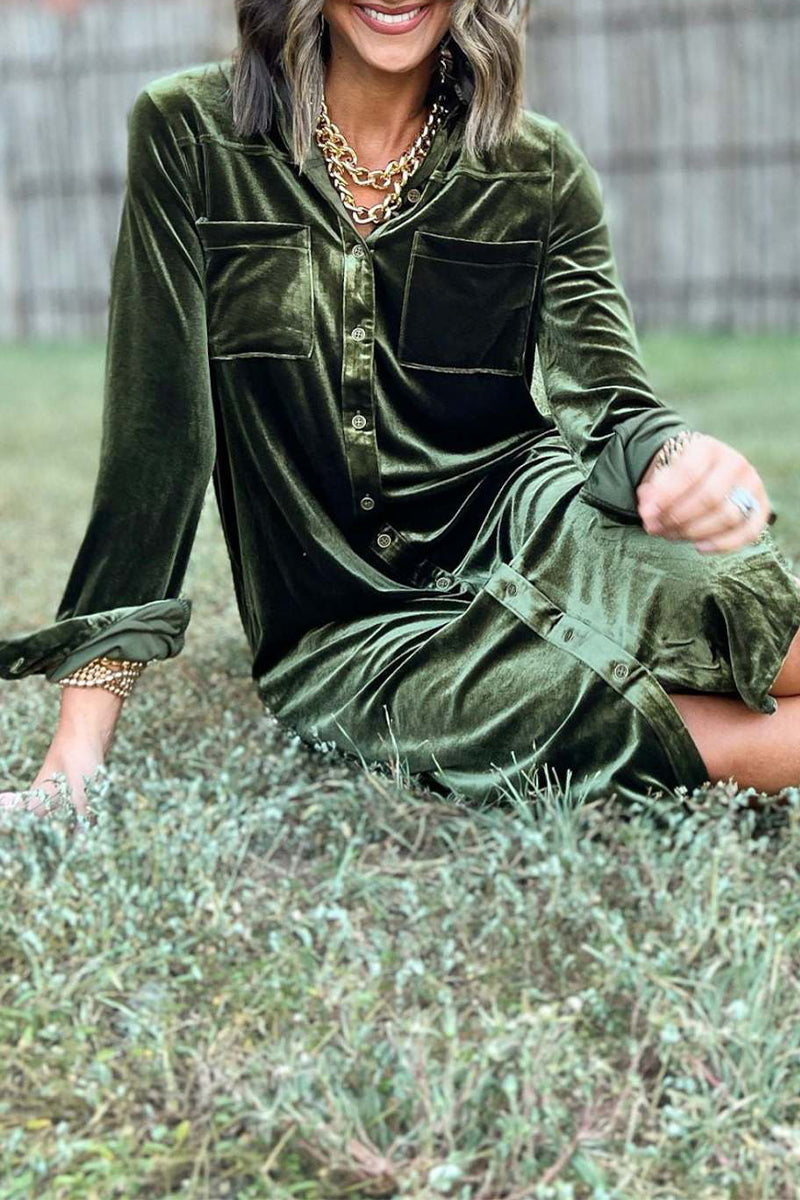Casual Pocket Buckle Turndown Collar Shirt Dresses(3 Colors) - Fashionpara