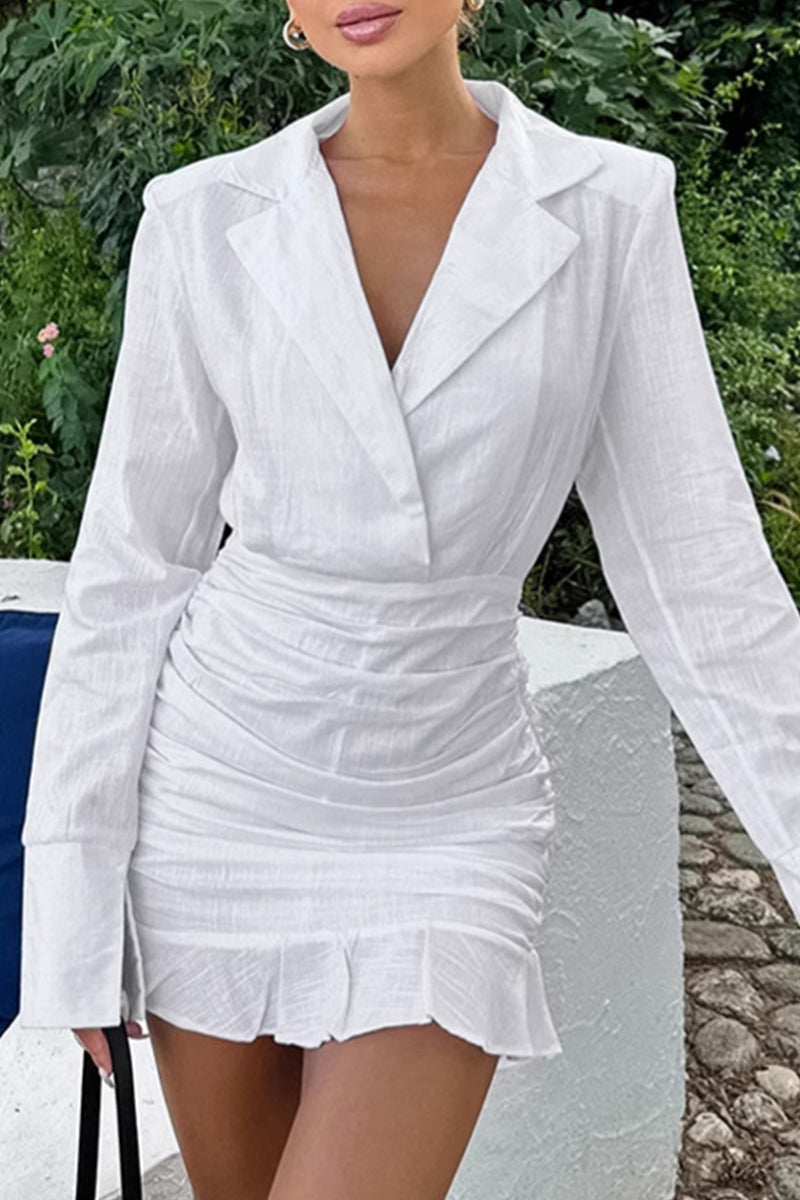 Elegant Ruffle Ruched Turn-back Collar Wrapped Skirt Dresses - Fashionpara