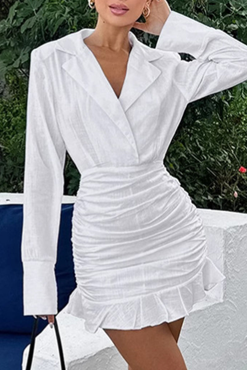 Elegant Ruffle Ruched Turn-back Collar Wrapped Skirt Dresses - Fashionpara