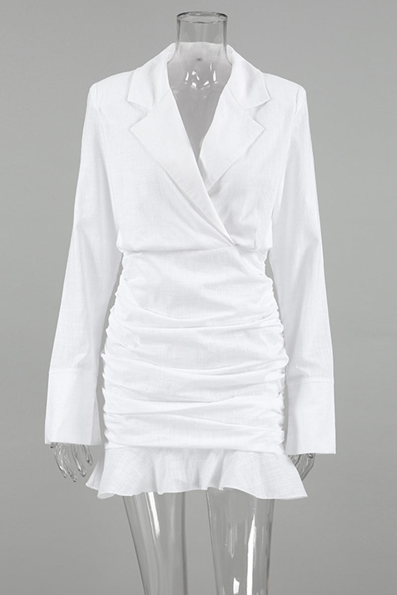 Elegant Ruffle Ruched Turn-back Collar Wrapped Skirt Dresses - Fashionpara