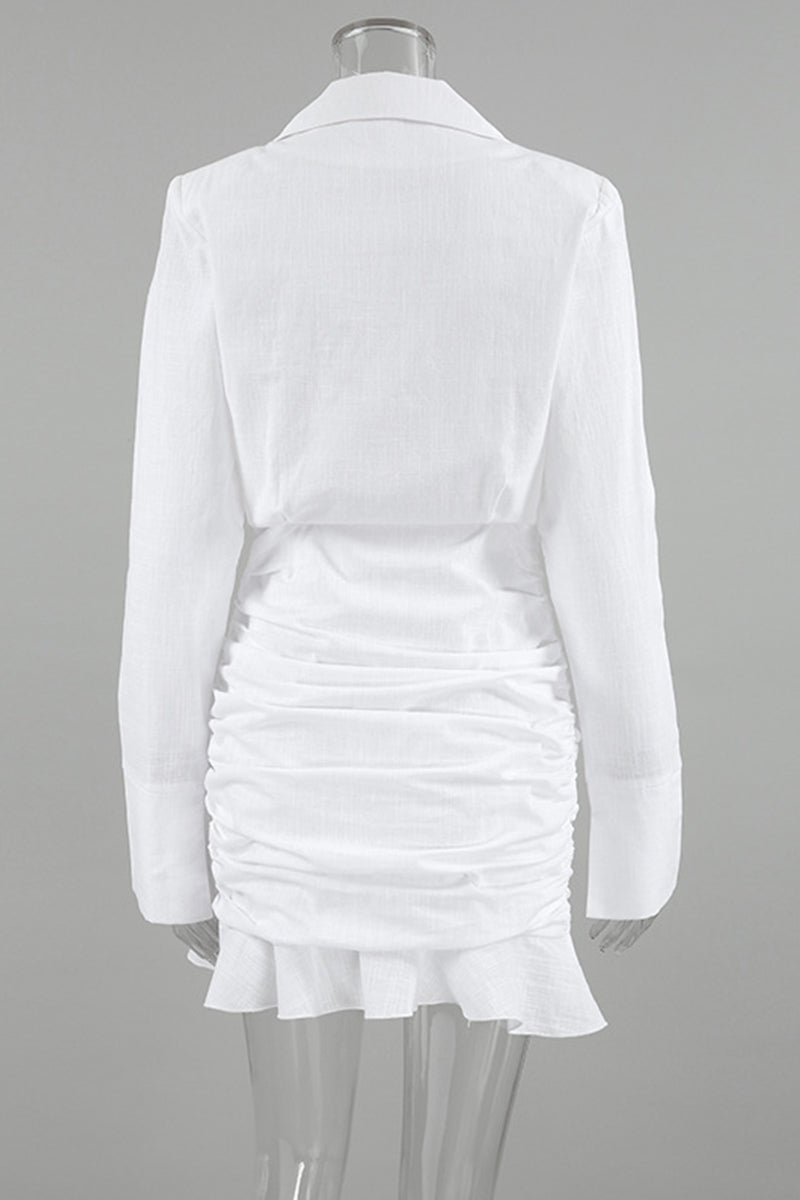 Elegant Ruffle Ruched Turn-back Collar Wrapped Skirt Dresses - Fashionpara