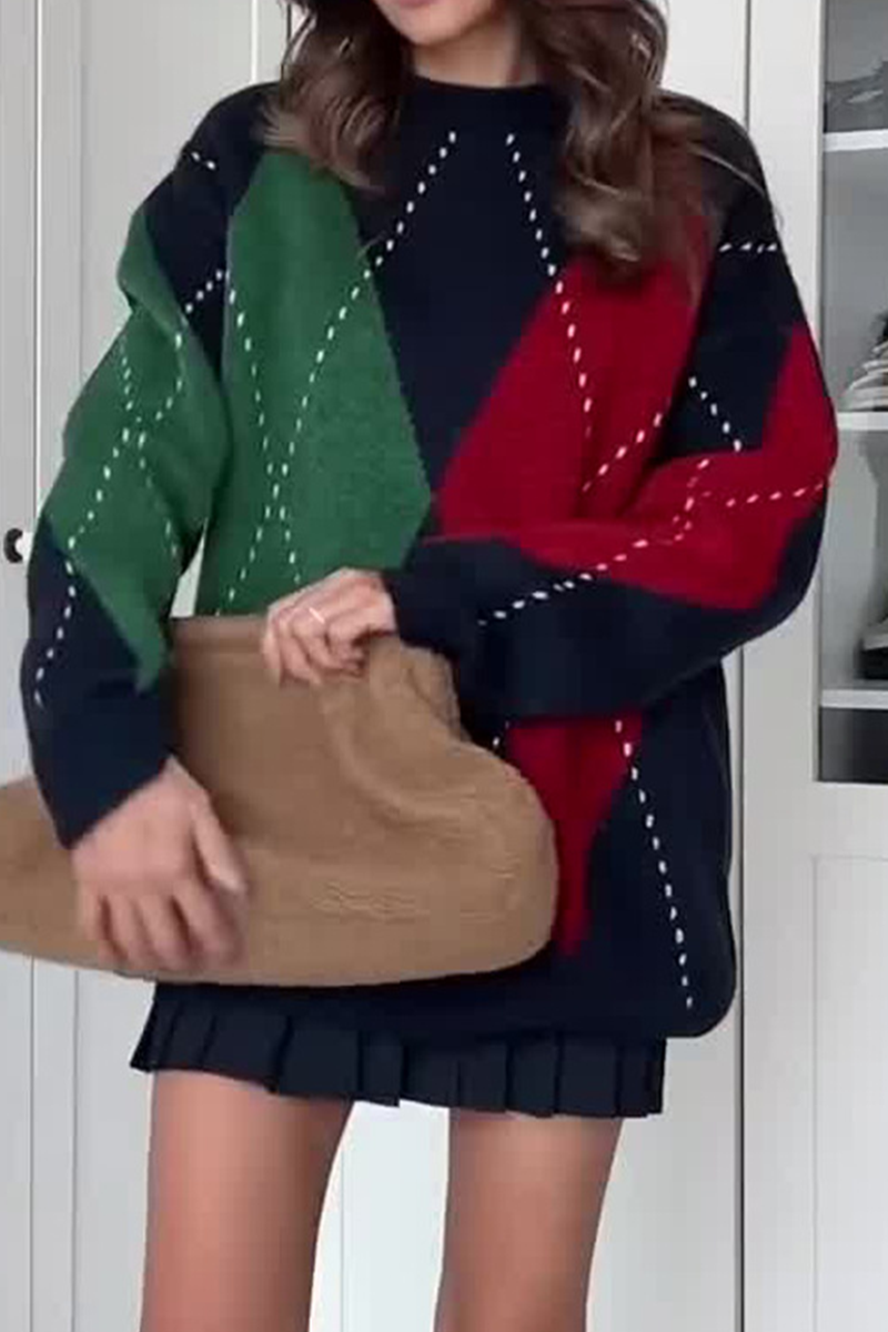 Bohonini Rhombus Patchwork O Neck Sweater in 4 Colors