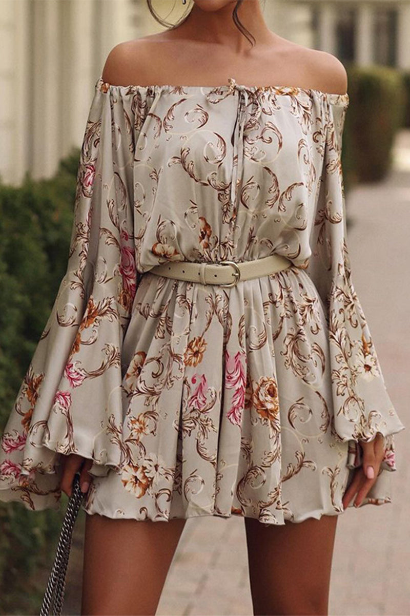 Floral Print Off Shoulder Long Sleeve Belted Flared Mini Dress