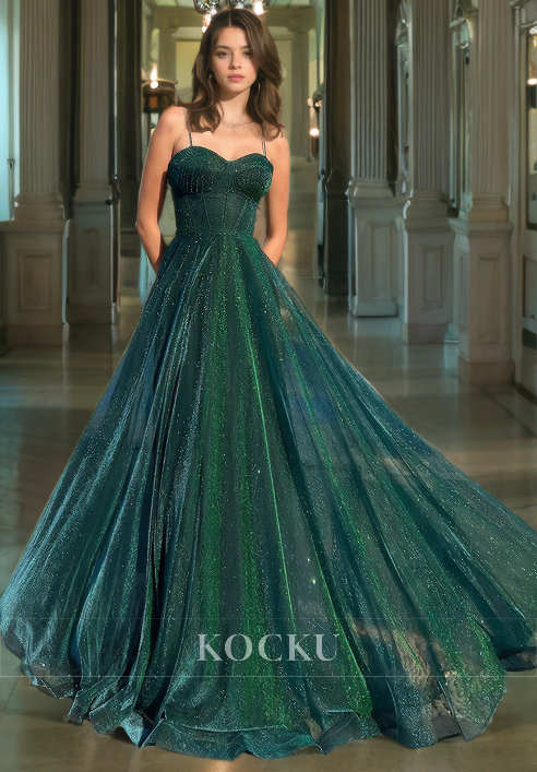 Spaghetti Straps A Line Sweetheart Sleeveless Brush Train Glitter Knit Prom Dress Formal Dress