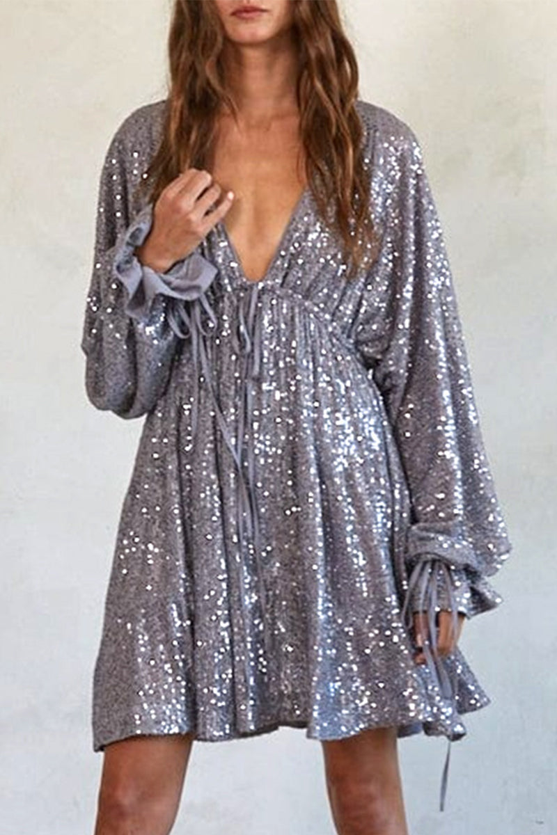 Sexy Sequins Lace Up V Neck Irregular Dresses(4 Colors) - Fashionpara