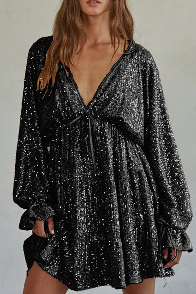 Sexy Sequins Lace Up V Neck Irregular Dresses(4 Colors) - Fashionpara