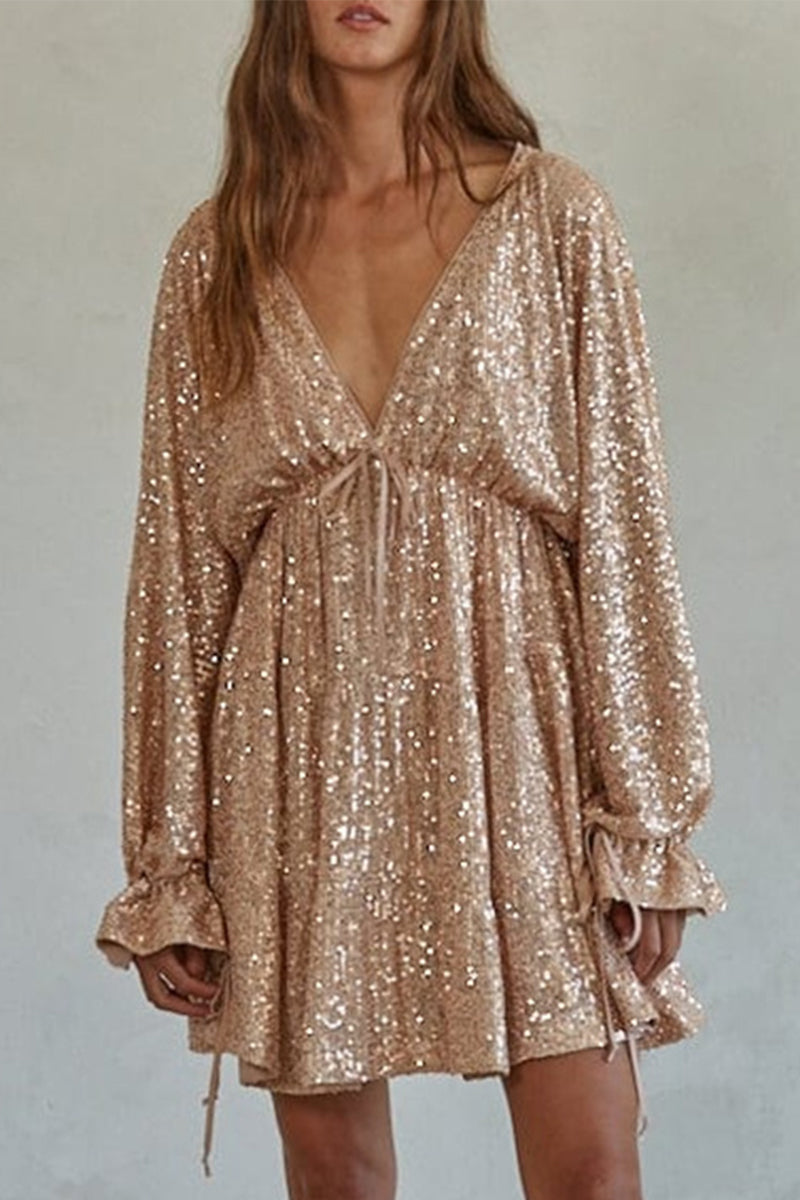 Sexy Sequins Lace Up V Neck Irregular Dresses(4 Colors) - Fashionpara