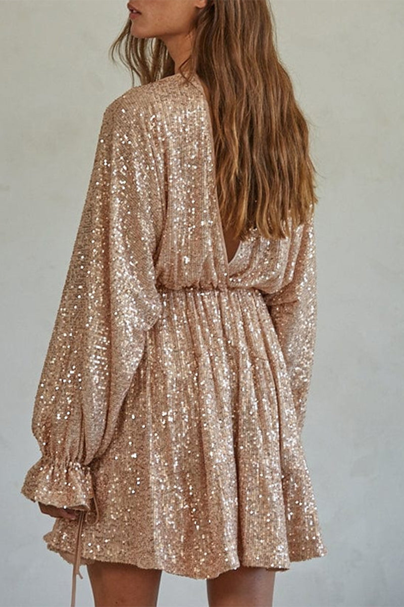 Sexy Sequins Lace Up V Neck Irregular Dresses(4 Colors) - Fashionpara