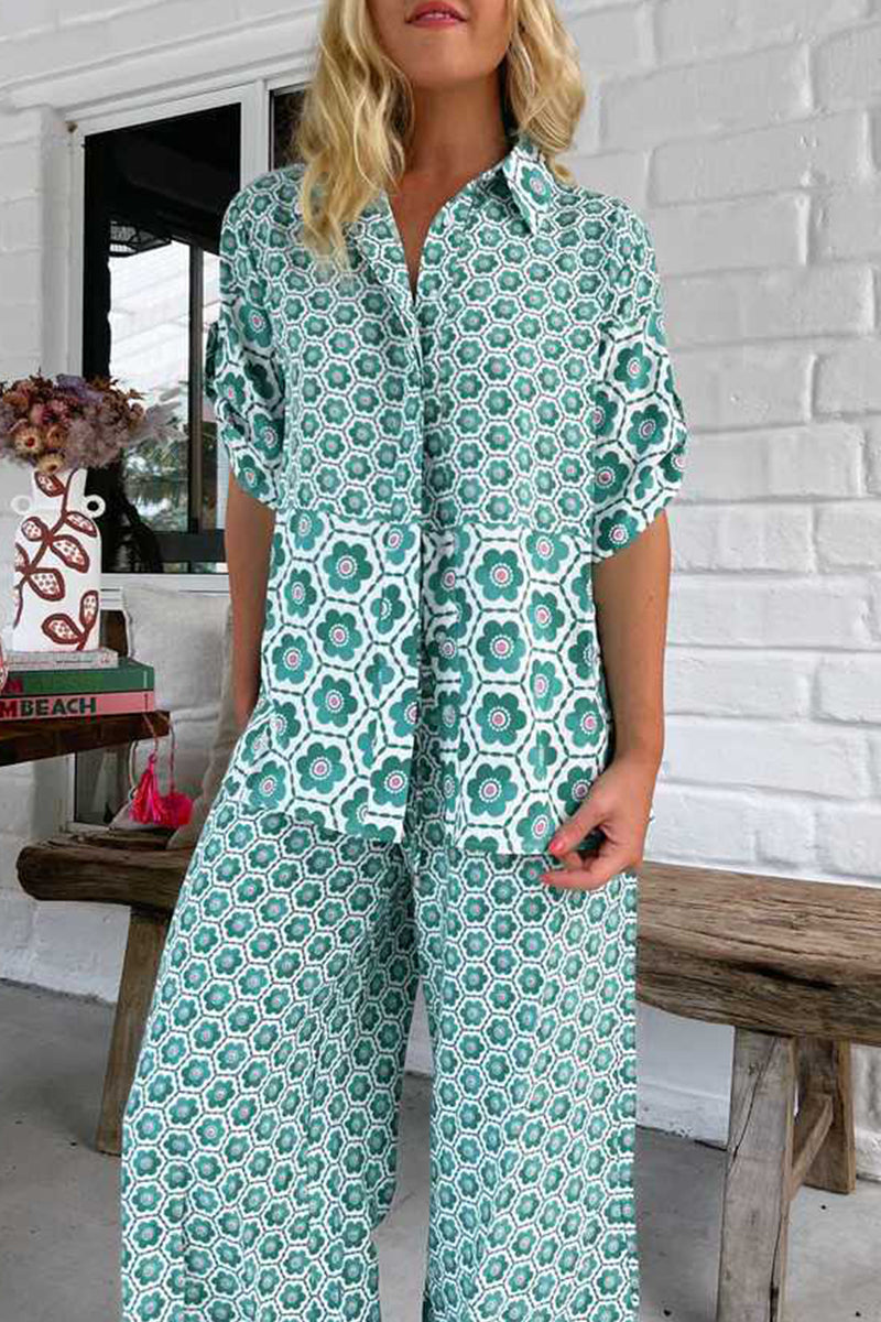 Casual Vacation Geometric Print Contrast Turndown Collar Short Sleeve Two Pieces