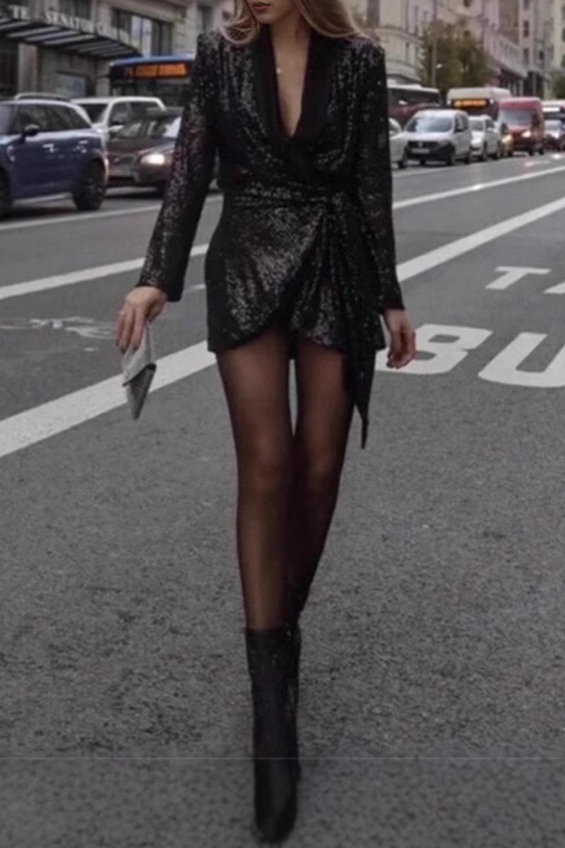 Sexy Sequins Lace Up Turn-back Collar Suit Dresses(4 Colors) - Fashionpara