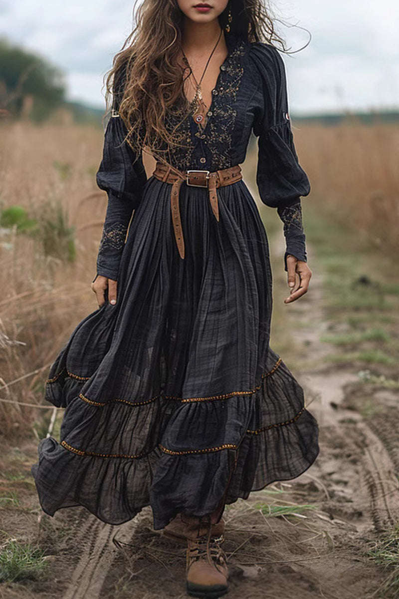 Casual Flowers Embroidered Distressed V Neck A Line Dresses(No waist belt) - Fashionpara