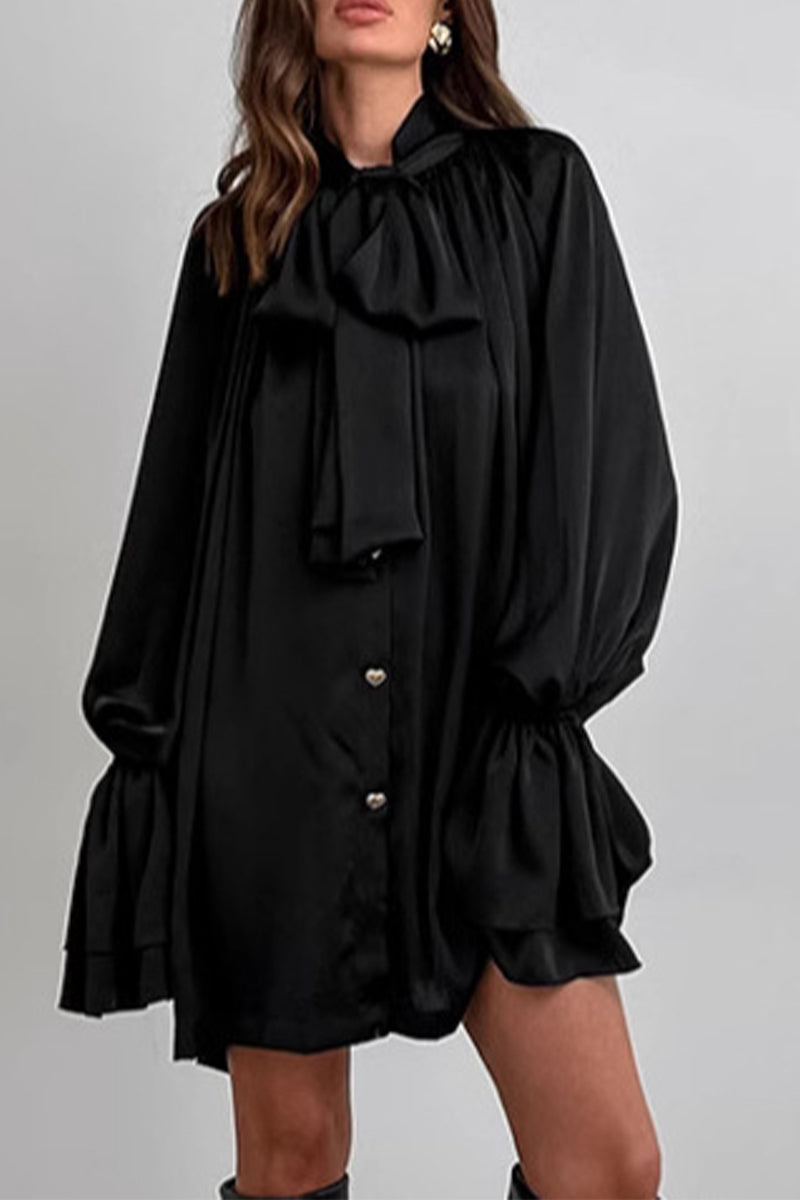 Elegant Lace Up Buckle Ribbon Collar A Line Dresses(3 Colors) - Fashionpara