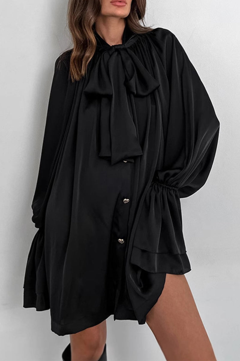 Elegant Lace Up Buckle Ribbon Collar A Line Dresses(3 Colors) - Fashionpara