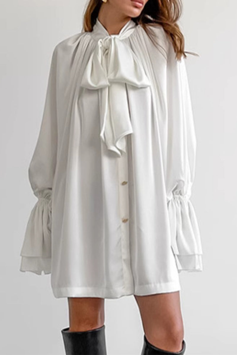 Elegant Lace Up Buckle Ribbon Collar A Line Dresses(3 Colors) - Fashionpara