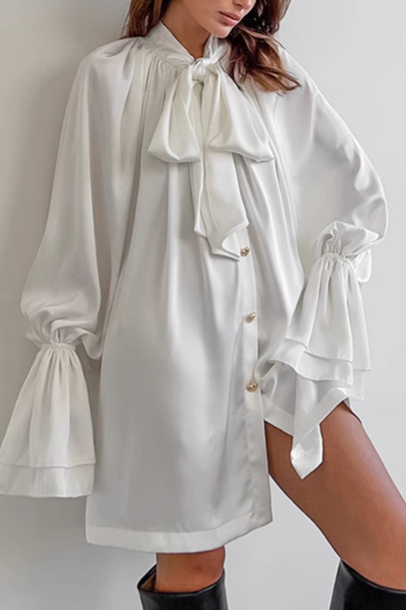 Elegant Lace Up Buckle Ribbon Collar A Line Dresses(3 Colors) - Fashionpara