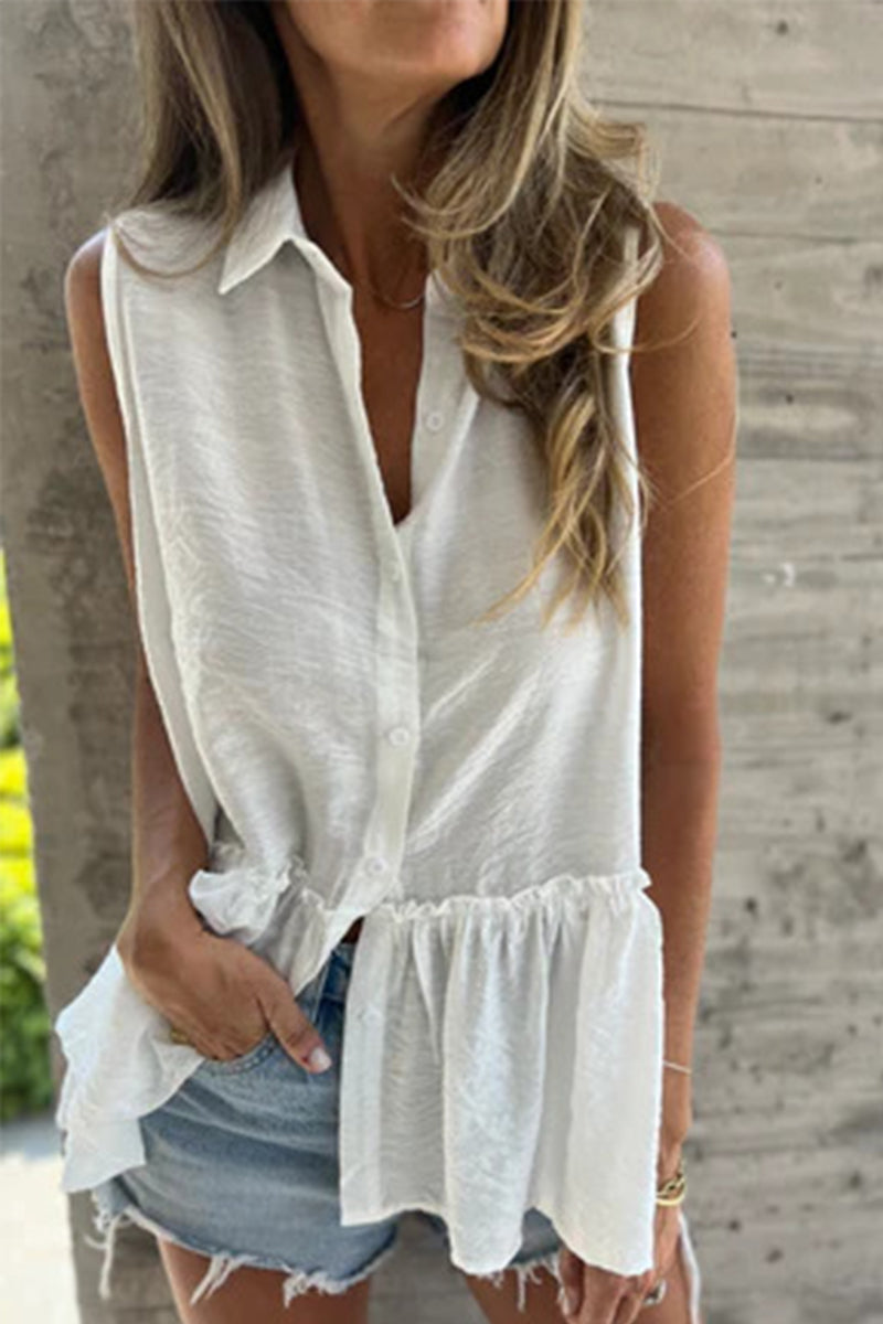 Casual Buttons Pleated Flounce Turndown Collar Blouses(3 Colors)