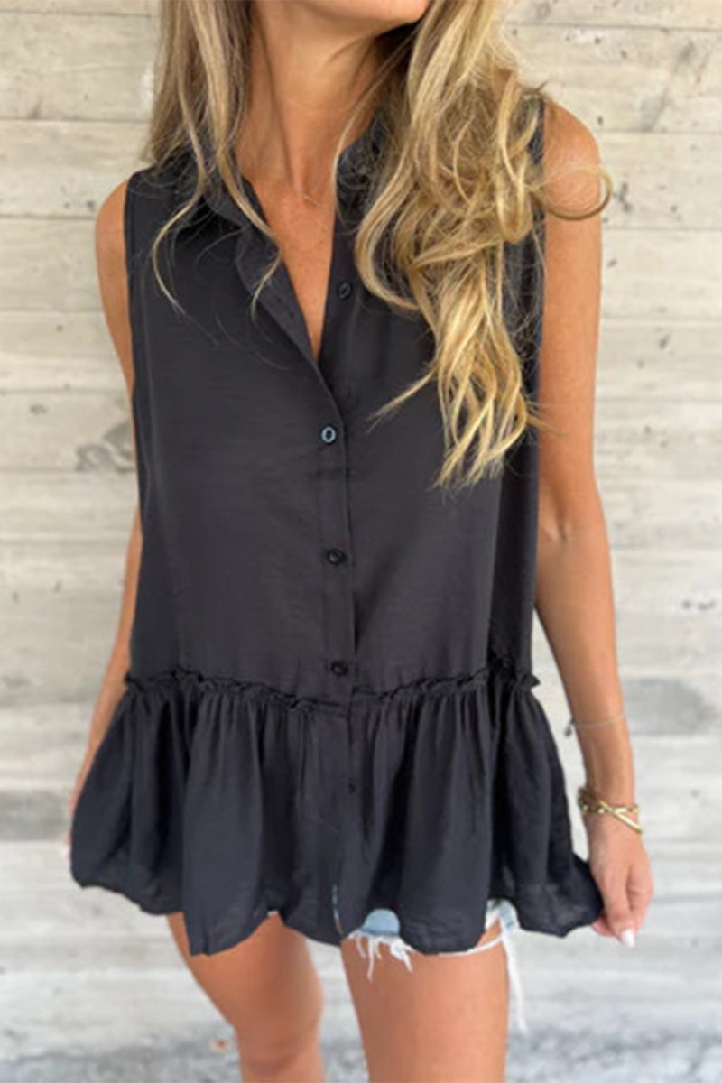 Casual Buttons Pleated Flounce Turndown Collar Blouses(3 Colors)