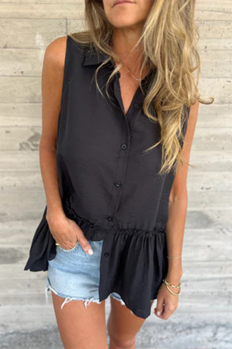 Casual Buttons Pleated Flounce Turndown Collar Blouses(3 Colors)