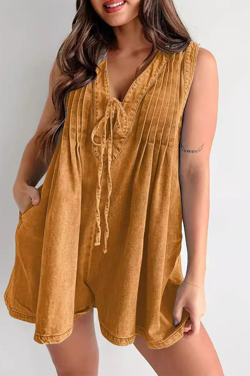 Casual Street Pocket Lace Up V Neck Sleeveless Loose Denim Jumpsuits(9 Colors) - Fashionpara