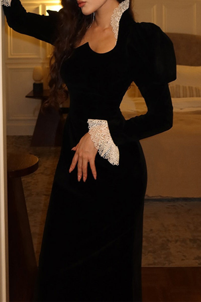 Elegant Lace Patchwork Velvet Square Neck Wrapped Skirt Dresses - Fashionpara