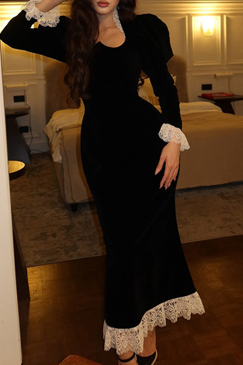 Elegant Lace Patchwork Velvet Square Neck Wrapped Skirt Dresses - Fashionpara