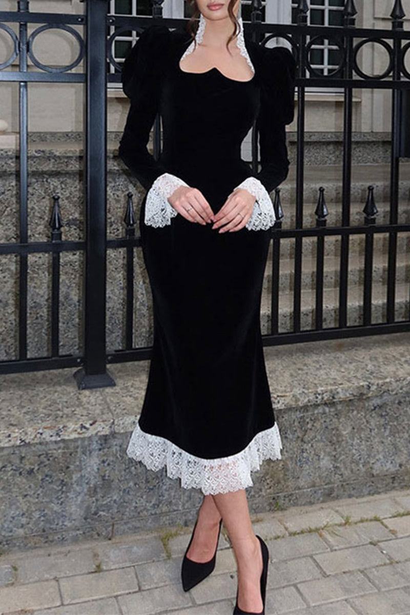 Elegant Lace Patchwork Velvet Square Neck Wrapped Skirt Dresses - Fashionpara