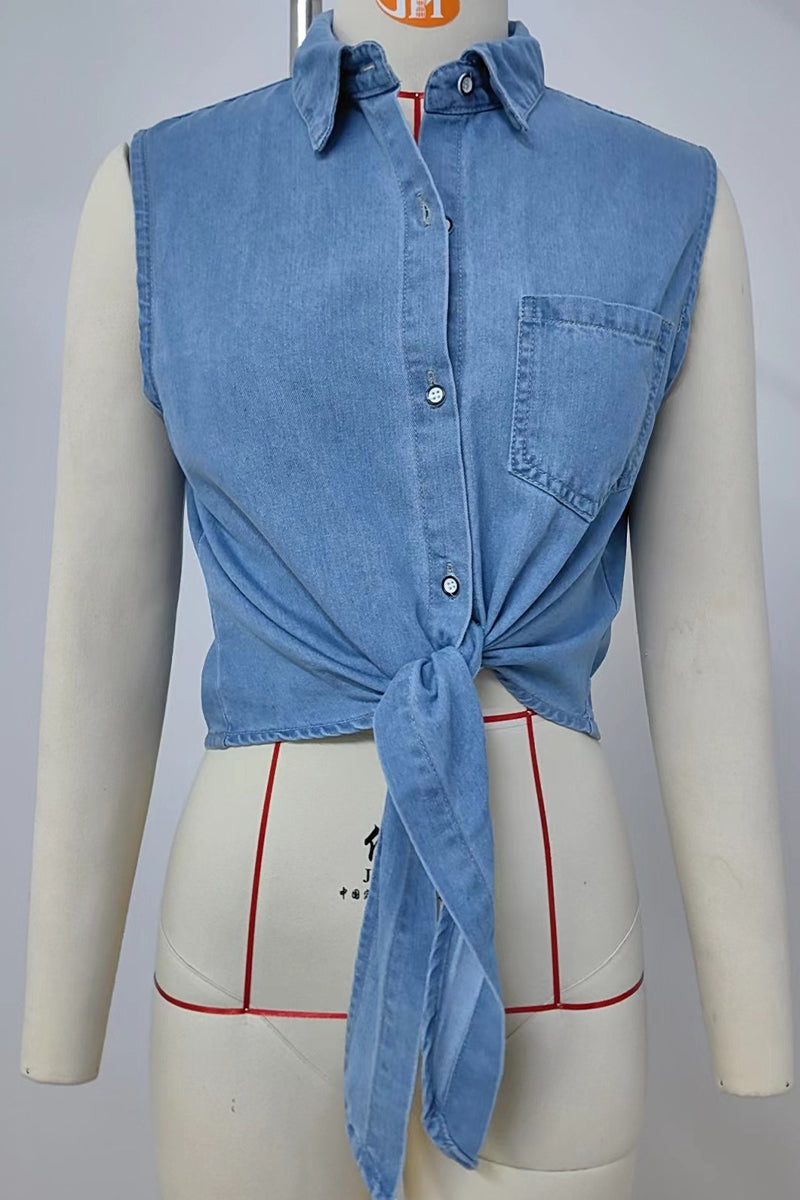 Casual Lace Up Buttons Turndown Collar Blouses