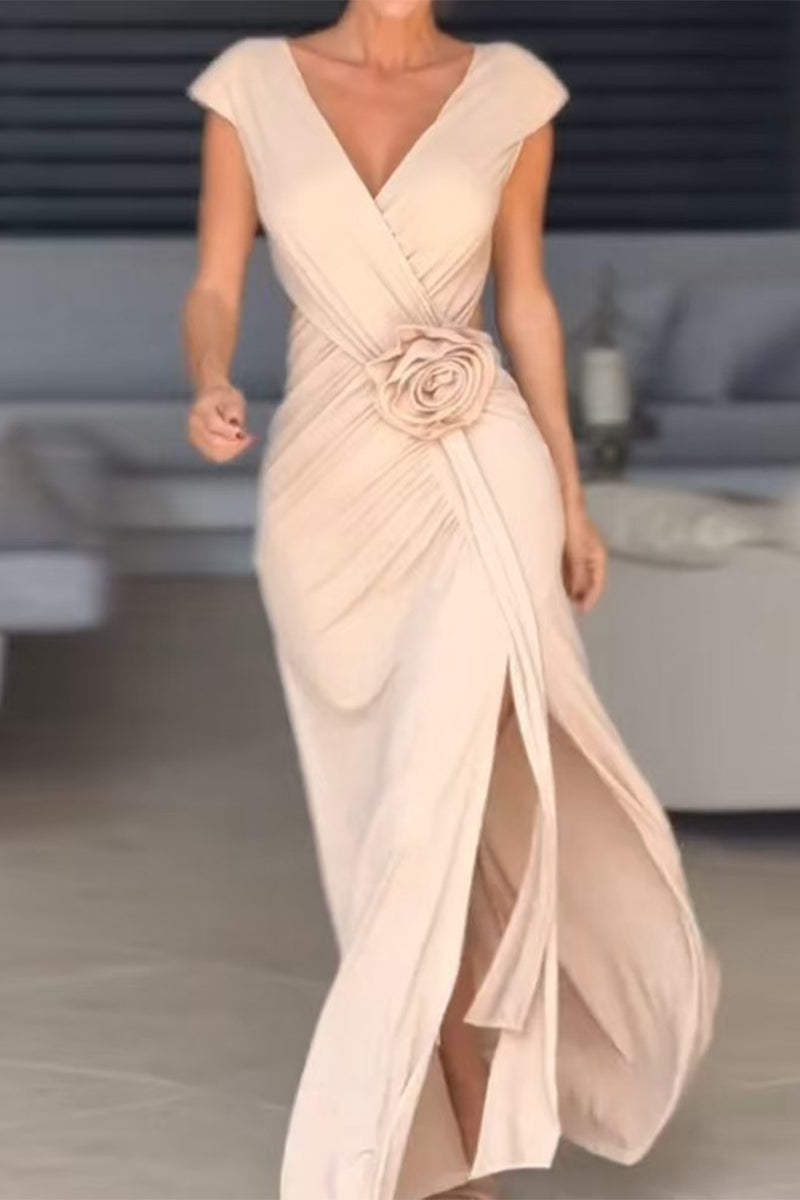 Sexy Slit Ruched Flower Shape V Neck Evening Dresses - Fashionpara