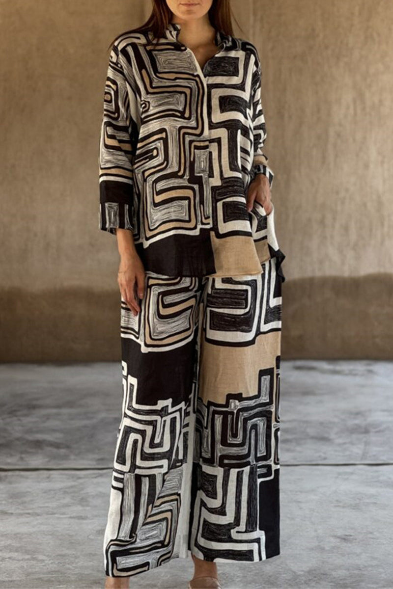 Casual Geometric Print Distressed Pocket Mandarin Collar Long Sleeve Two Pieces