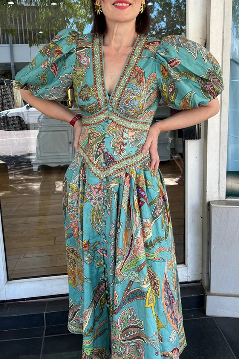 Casual Floral Print Pocket V Neck A Line Dresses