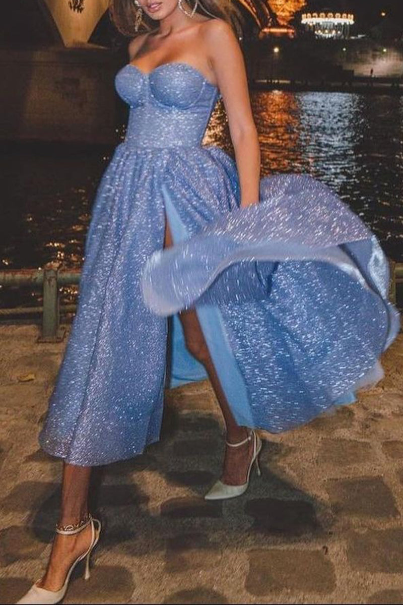 Sexy Slit Sequined Strapless Evening Dresses - Fashionpara