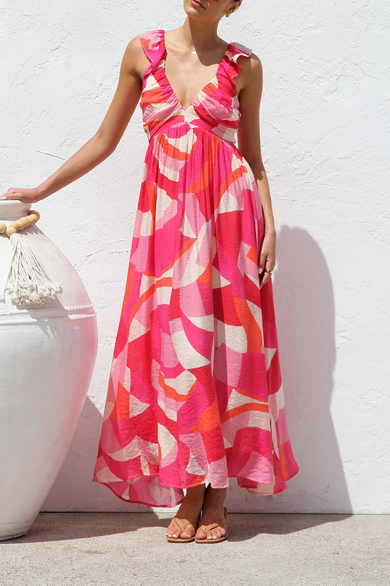 Vacation Geometric Print Flowers Contrast V Neck Long Dresses