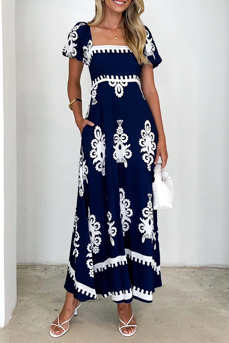 Casual Geometric Print Pocket Contrast Square Neck A Line Short Sleeve Dress