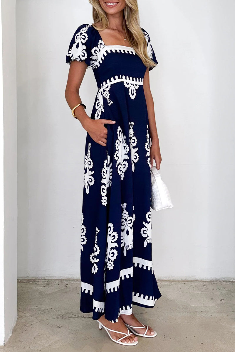 Casual Geometric Print Pocket Contrast Square Neck A Line Short Sleeve Dress