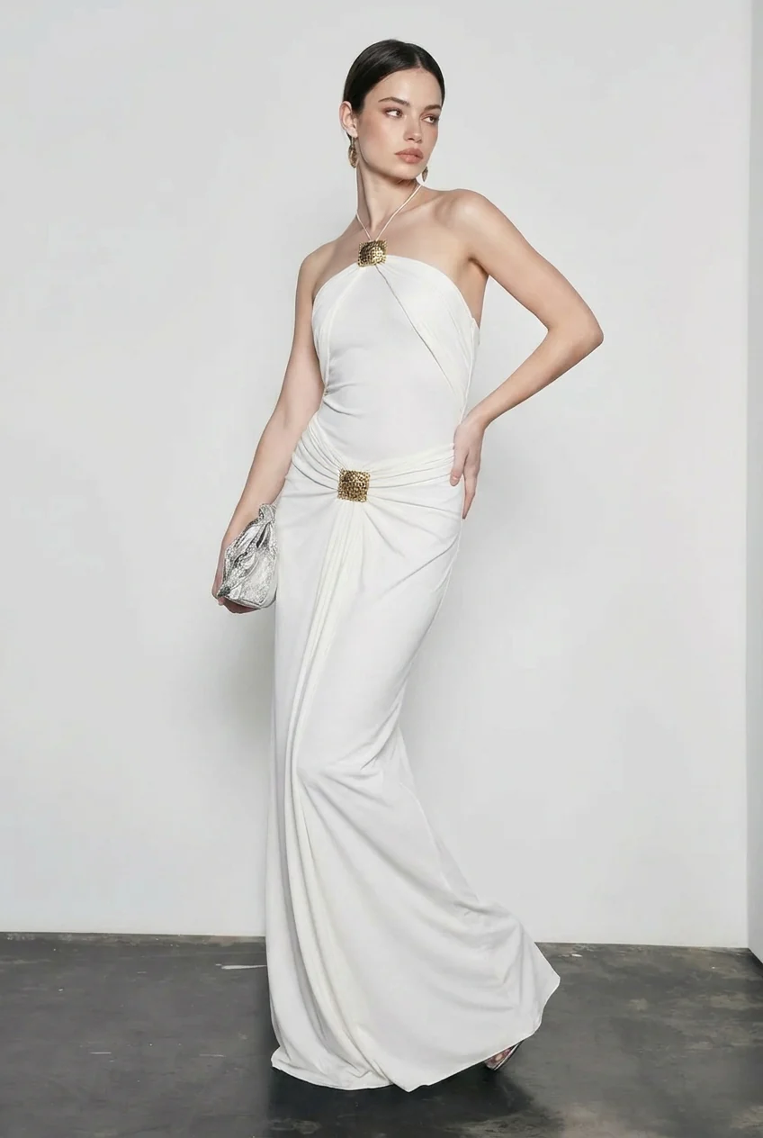 Embellished Halter Neck Ruched Draped Maxi Gown