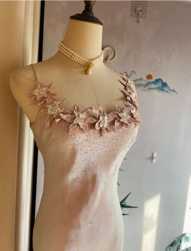 Sweet Pink Mermaid Halter 3D Floral Satin Prom Dress Evening Dress Bridesmaid Dress P4174