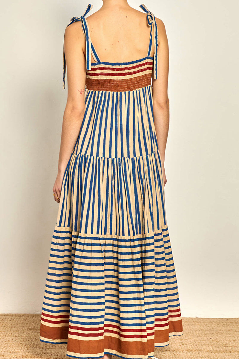 Casual Vacation Stripe Lace Up Patchwork Contrast Square Neck Sling Dresses