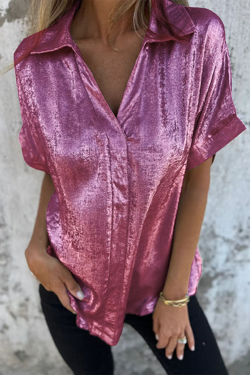 Casual Bronzing Pattern Patchwork Turndown Collar Blouses(5 Colors)