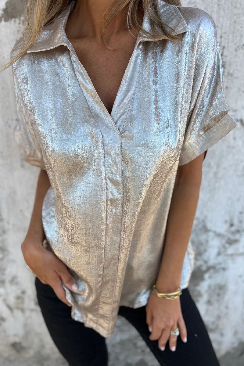 Casual Bronzing Pattern Patchwork Turndown Collar Blouses(5 Colors)