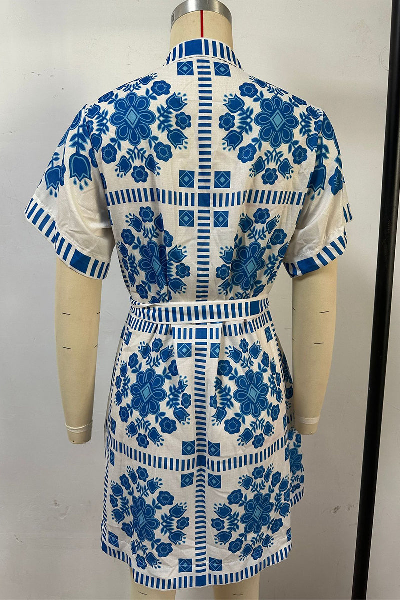 Casual Colorblock Print Lace Up Buttons Contrast Mandarin Collar Short Sleeve Short Sleeve Dress