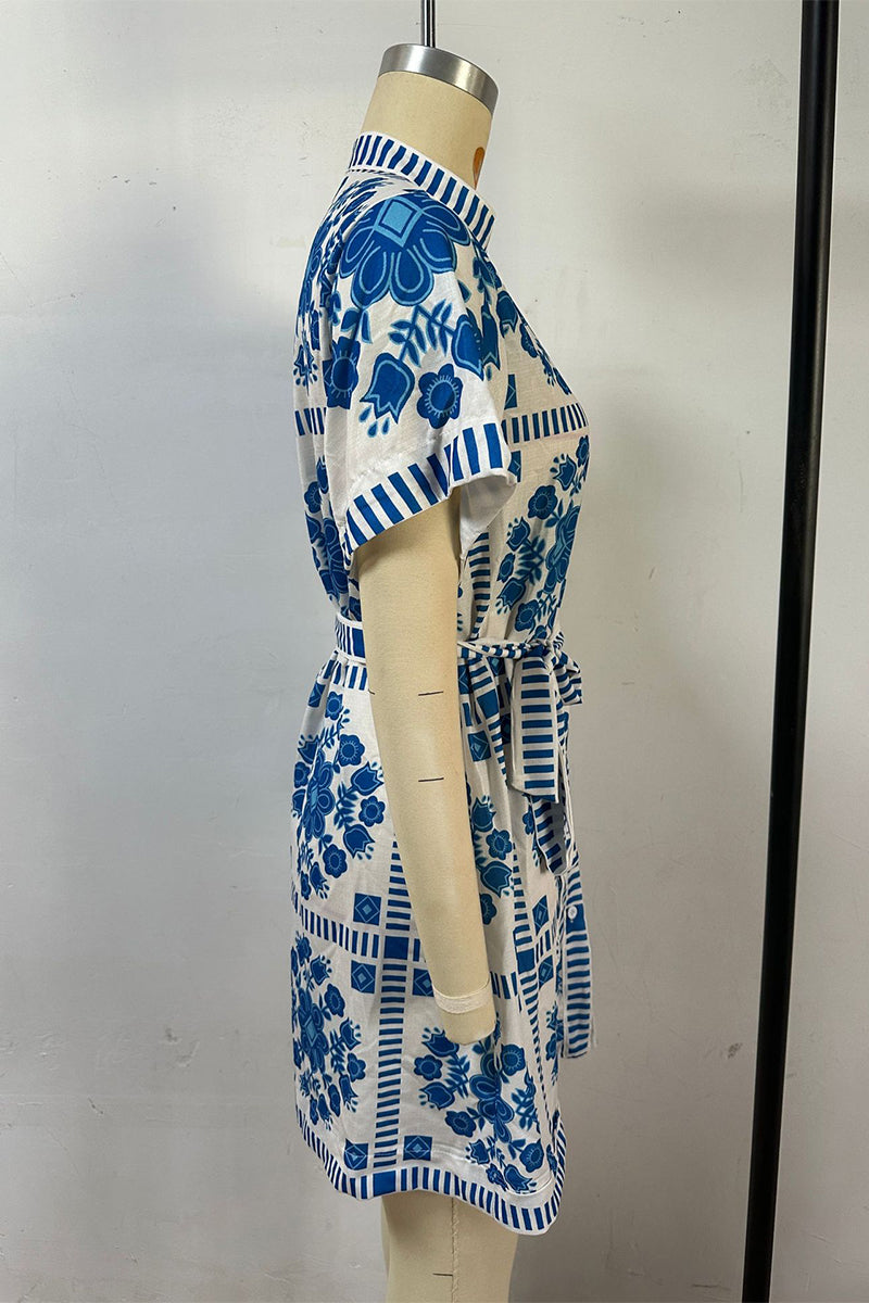 Casual Colorblock Print Lace Up Buttons Contrast Mandarin Collar Short Sleeve Short Sleeve Dress