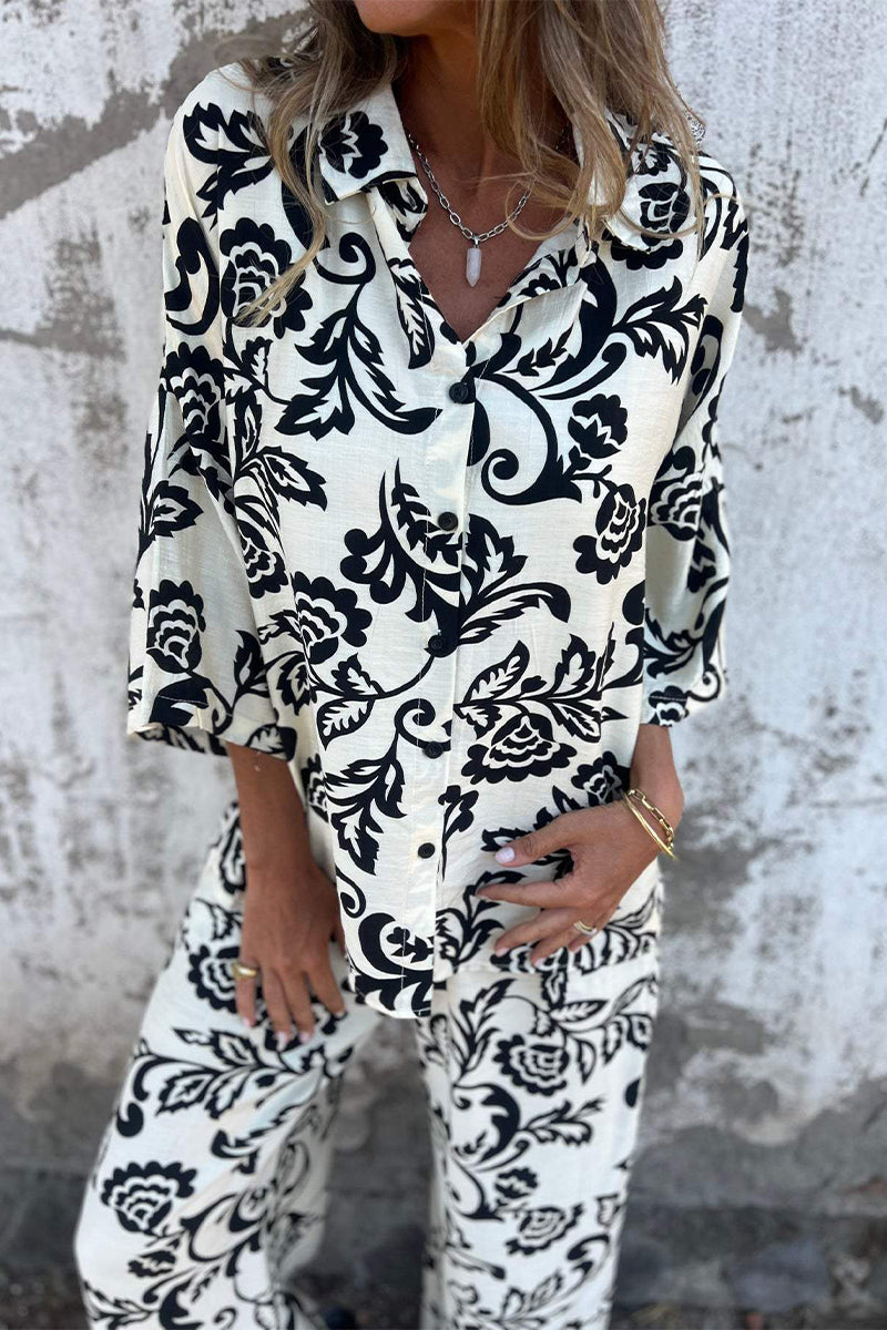 Casual Floral Print Pocket Contrast Turndown Collar Three Quarter Two Pieces