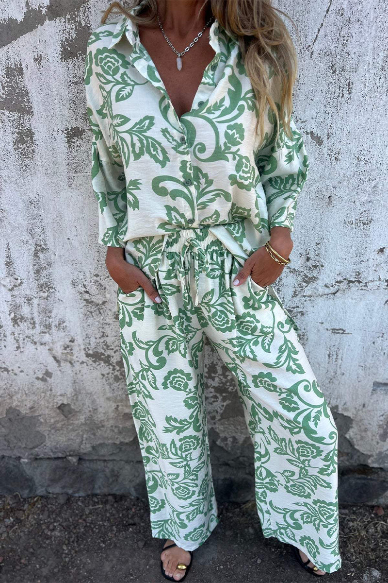 Casual Floral Print Pocket Contrast Turndown Collar Three Quarter Two Pieces