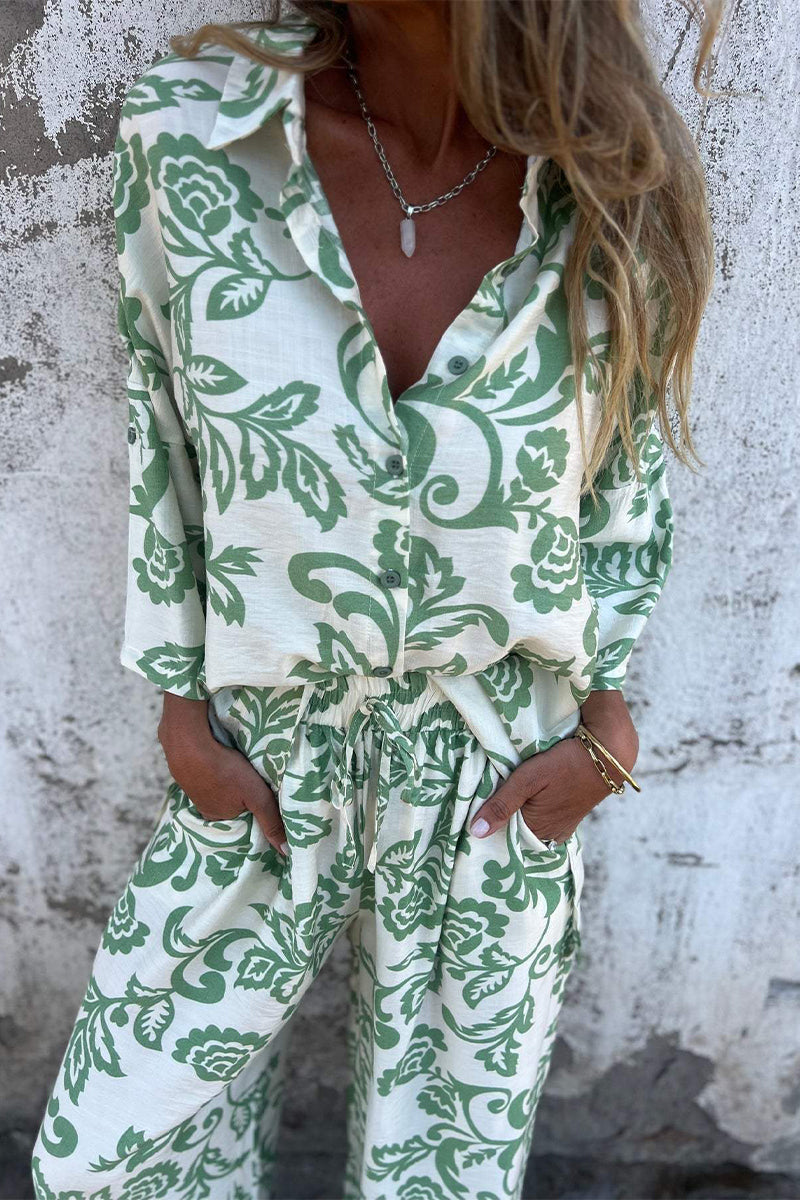 Casual Floral Print Pocket Contrast Turndown Collar Three Quarter Two Pieces