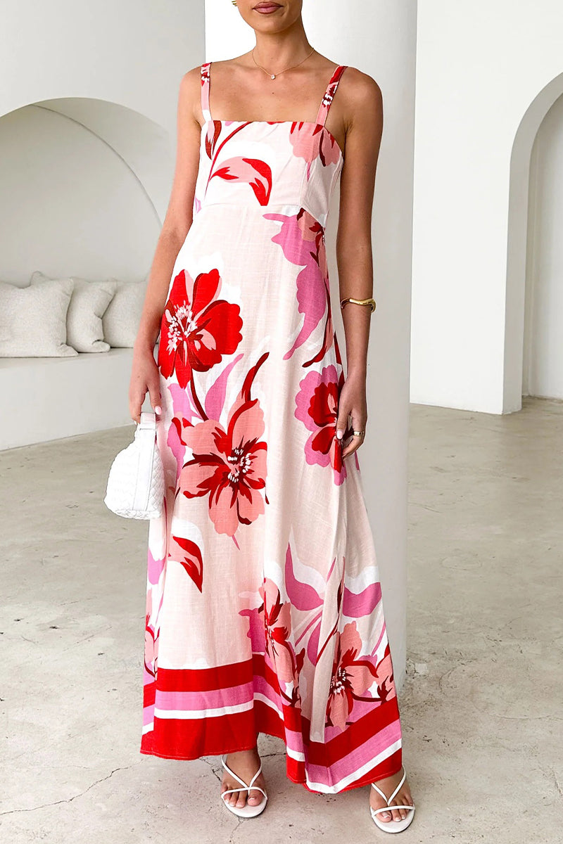 Vacation Floral Print Contrast Sling Dresses