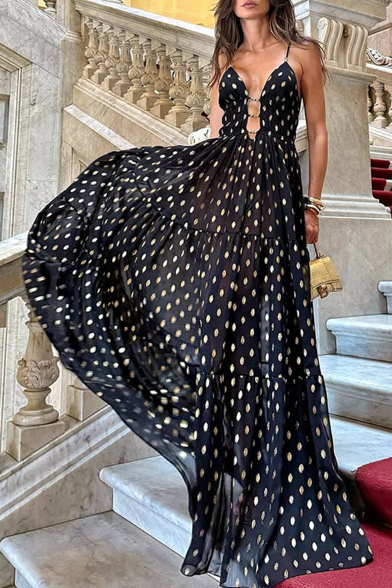 Sexy Polka Dot Contrast V Neck Long Dresses - Fashionpara
