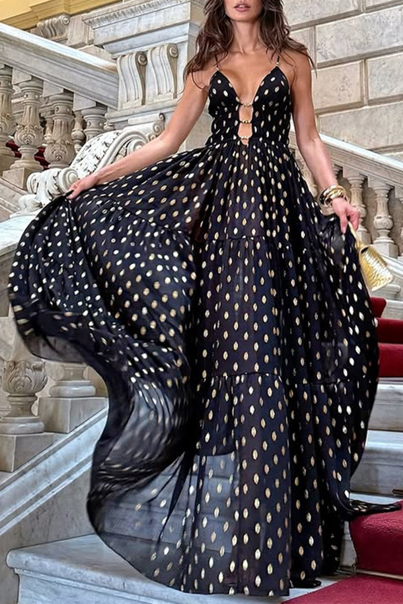Sexy Polka Dot Contrast V Neck Long Dresses - Fashionpara